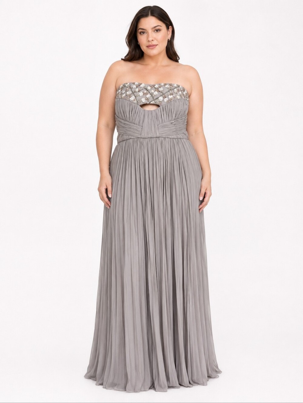 J. Mendel Silk Grey Pleated Embellished Strapless Evening Gown Size 12
